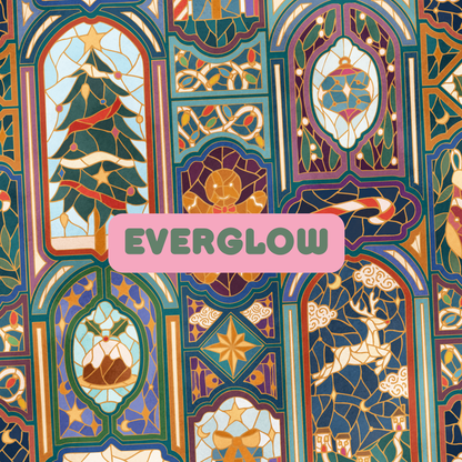 A repeating stained-glass style pattern with Christmas motifs including a tree, ornament, reindeer, stars, and geometric borders in teal, gold, purple, red, and cream. A pink rounded rectangle in the center contains the text EVERGLOW.