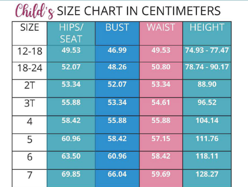 Child's size chart in centimeters with sizes ranging from 12-18 to 7.